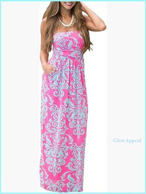 Strapless Maxi Dress with Pockets, Floral Boho Beach Dress, Rayon Spandex